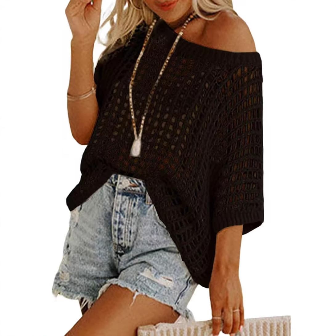 2024 Cross-Border Trade Summer Half-Sleeve Sexy Hollow Cutout Top Pullover Beach Cover-Up Knit Sweater for Women