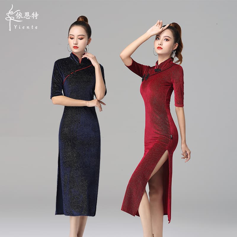 Latin Dance Cheongsam Dress for Women, High-End Dancewear, High Slit Professional Rumba Classical Dance Performance Costume