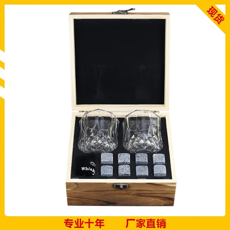 Whiskey Ice Stones Square Granite Chilling Rocks with Small Wooden Gift Box Set, Natural Stone Ice Rocks