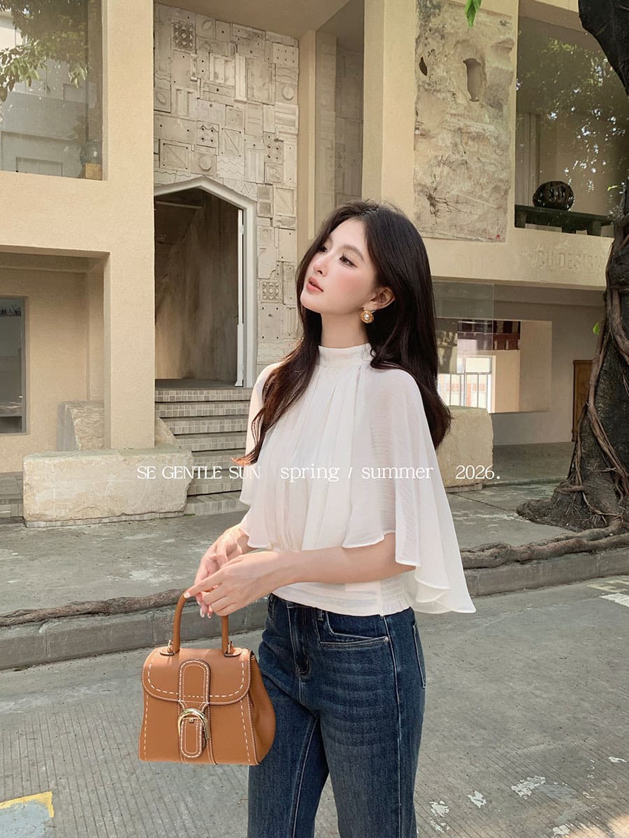 Xiuxixi 2026 Summer White Label Korean Style Elegant Solid Color Cape Simple Chiffon Short Sleeve Blouse Women's Top 89787