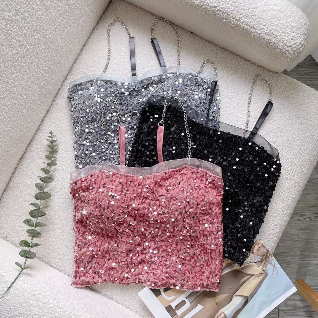 Sexy Sparkling Sequin Crop Top Strap Vest Short Style Slimming Top Summer Fashion Trendy Girl Pure Desire Ambiance