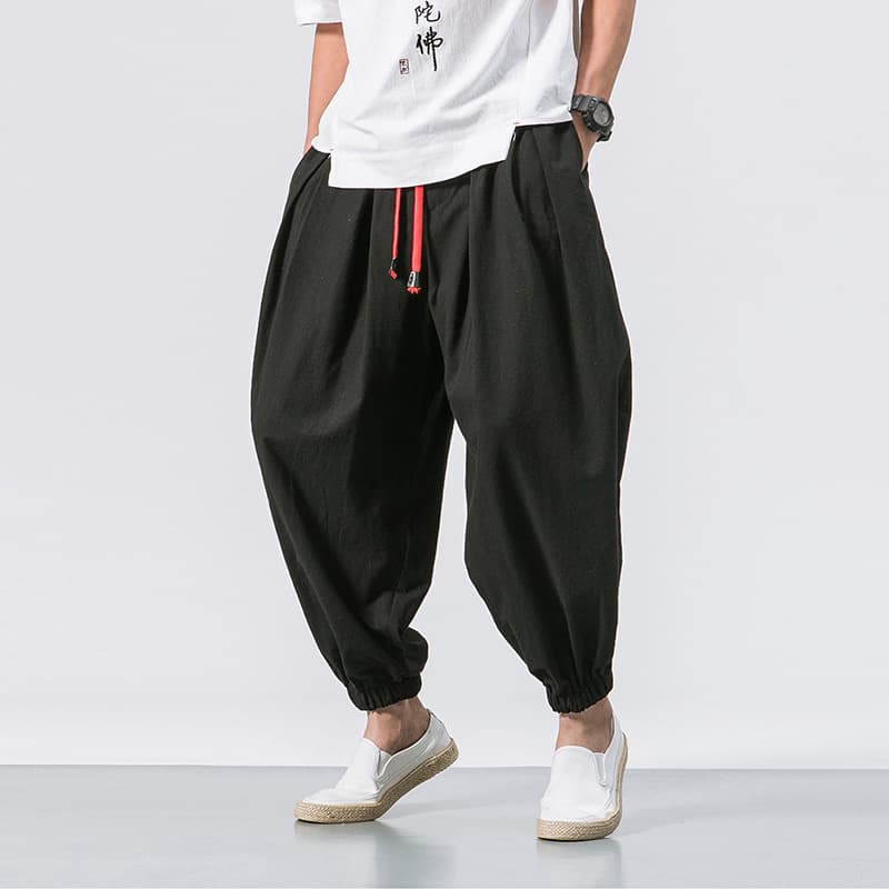 2024 Chinese Style Ice Silk Cotton and Linen Men's Pants Loose Large Size Men's Trendy Pants Harem Pants Lantern Leg Casual Pants
