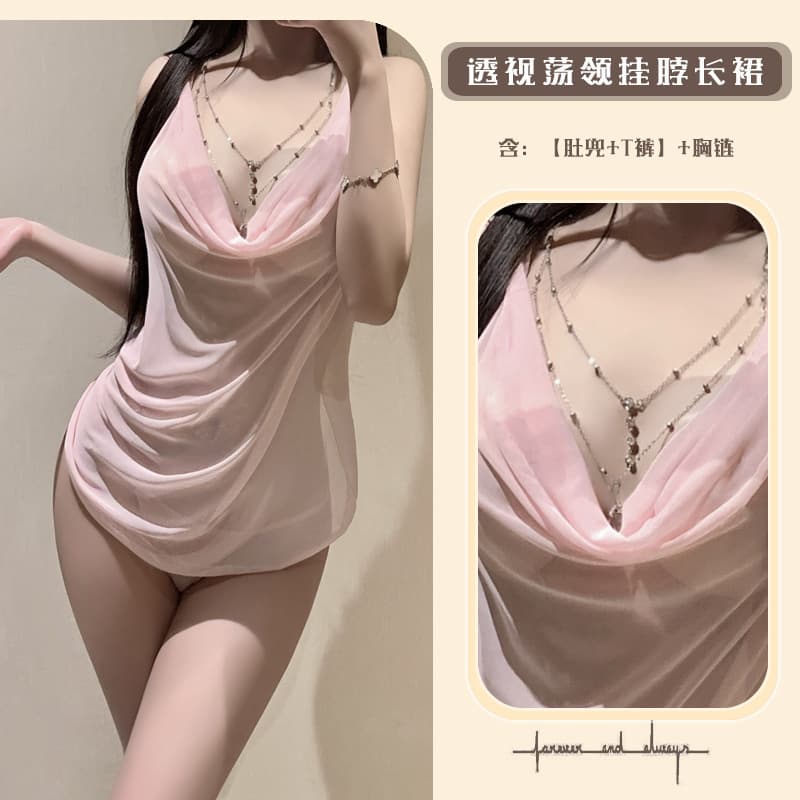 Sexy Lingerie Gold Shimmer Dance Pure Desire Halter Neck Mesh Draped Neckline Women's Figure-Flattering Elegant Sensual Slip Dress Teddy QQNY