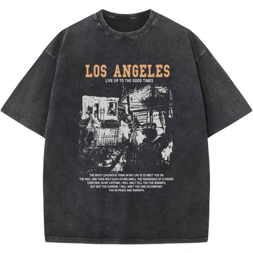 Pairxily Graphic T-Shirt Men Acid Washed Los Angeles Vintage Tee Shirt Streetwear Loose Cotton Liner
