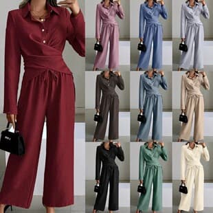 Cross-Border Amazon Quality New European and American Women's 2026 Fall/Winter Solid Color Set Long Sleeve Tie Two-Piece Set Women