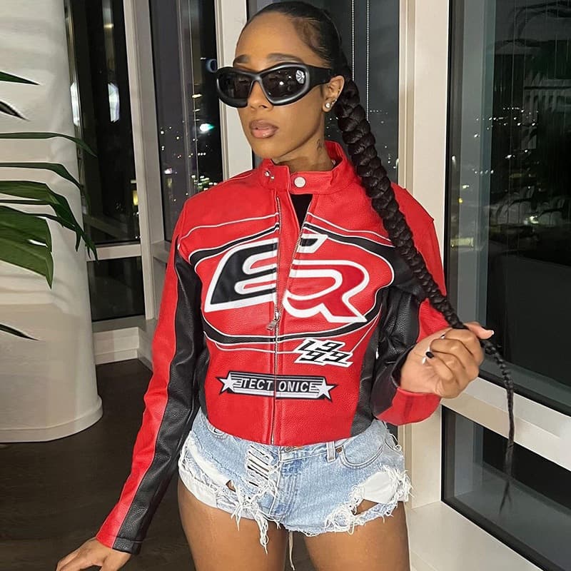2026 spring new cross-border European and American foreign trade sexy navel-baring zipper top contrasting color embroidery short fashion jacket