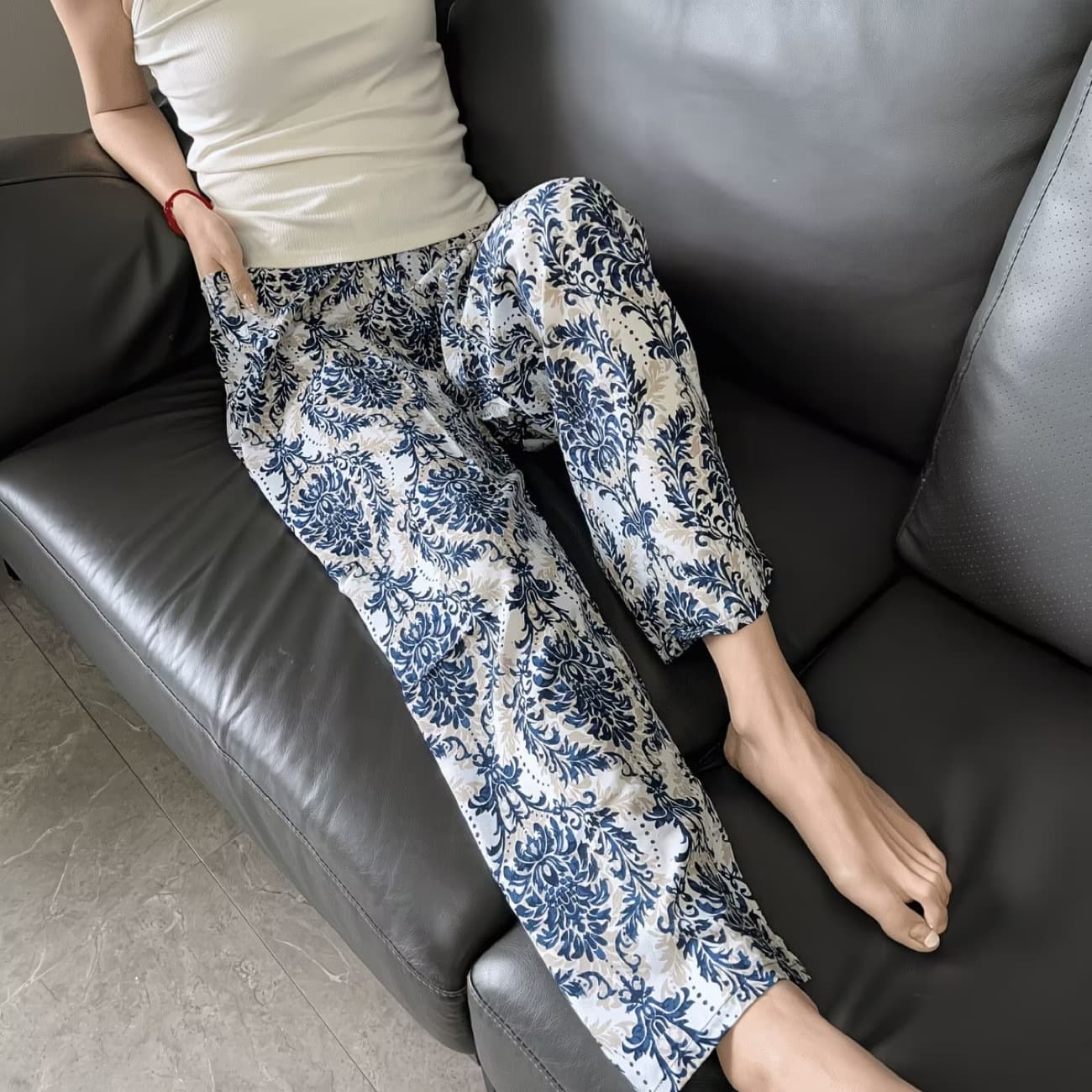 Summer Cotton Silk Sleep Pants for Women Plus Size with Pockets, 9/10 Length Home Pants, Artificial Cotton Maternity Pants, Wearable Casual Pants