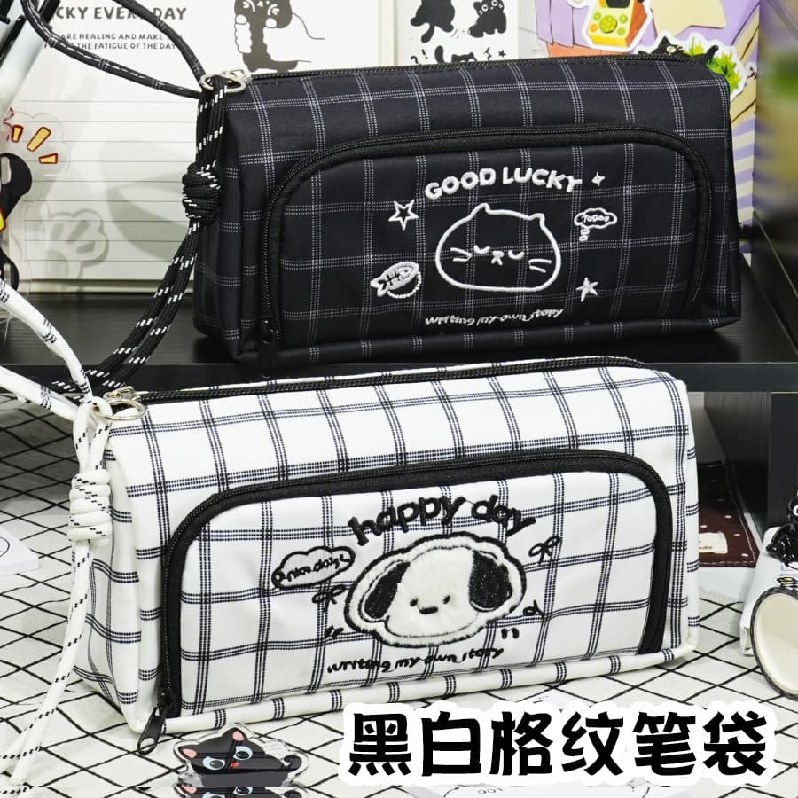 Minimalist Black and White Plaid Kitten Pencil Case Multi-Layer Large Capacity Student Cartoon Pencil Pouch Handheld Cute Oxford Cloth Bag