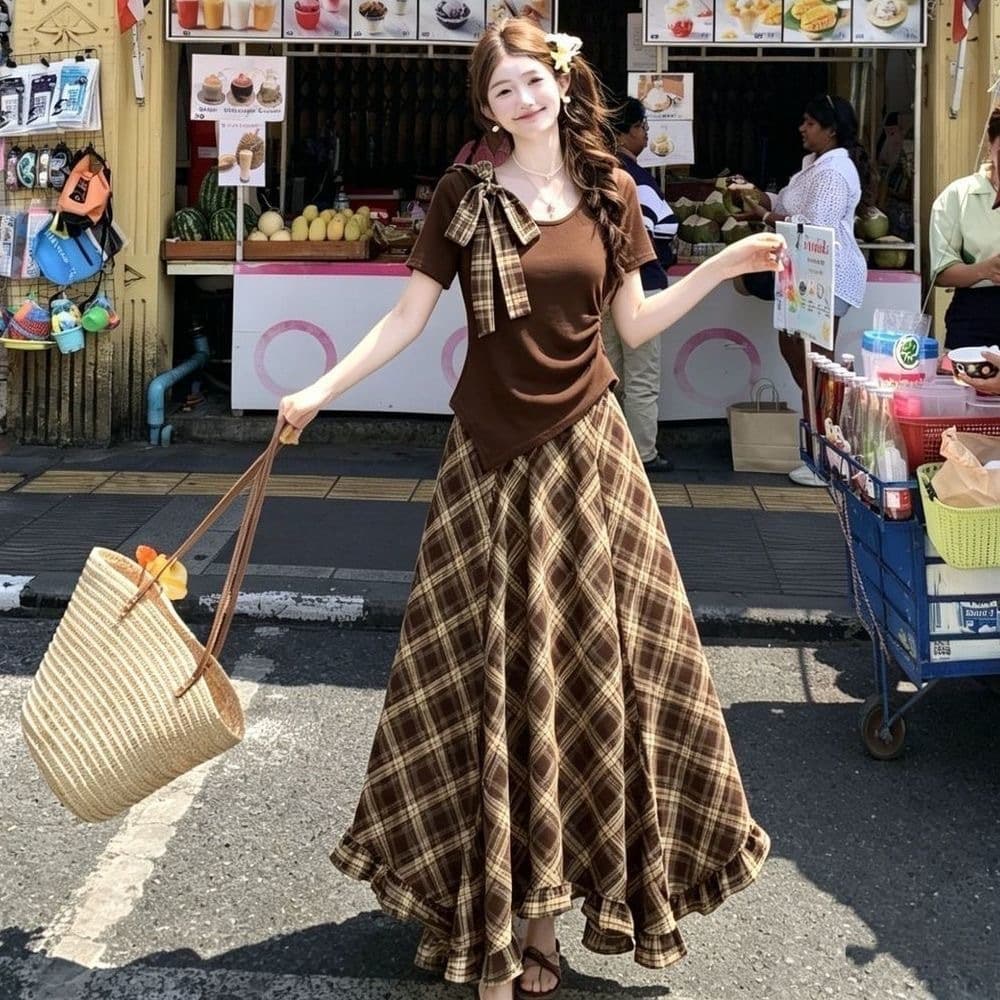 Plus Size This Year's Trendy Outfit Set for Women Summer Korean Style Off-Shoulder Short Sleeve Top and Skirt Two-Piece Dress Set