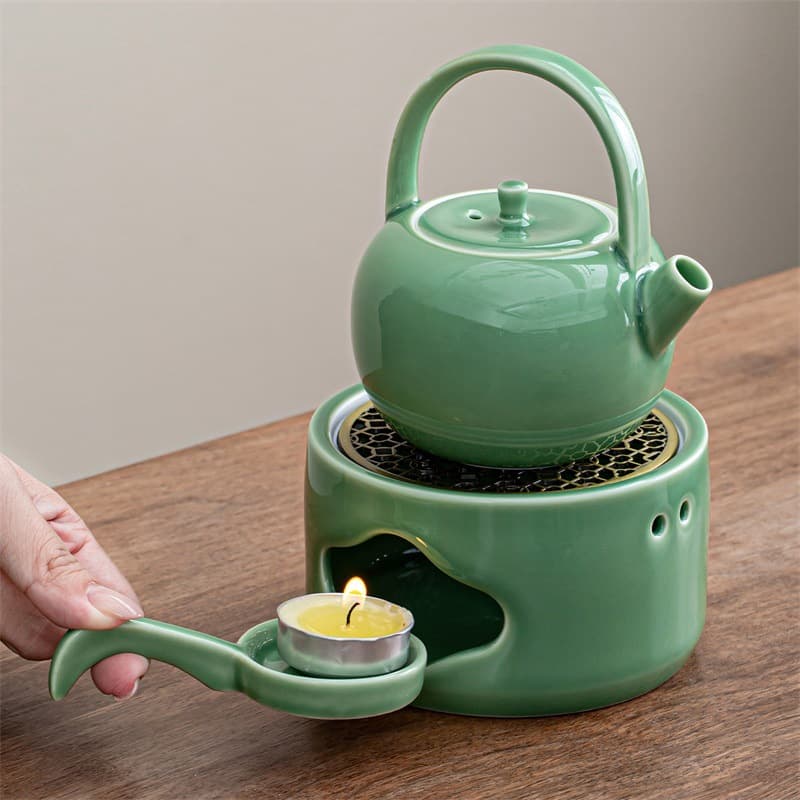 High Temperature Resistant Teapot Japanese Ceramic Kung Fu Tea Set Round Moon Handle Pot Qingli Glaze Candle Heating Tea Warmer Set
