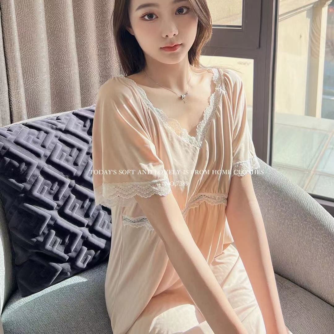 7389 Lace Inlay Sleep Dress V-Neck Loungewear Sweet Women Spring Summer Wearable Home Dress Mid-Length Dress