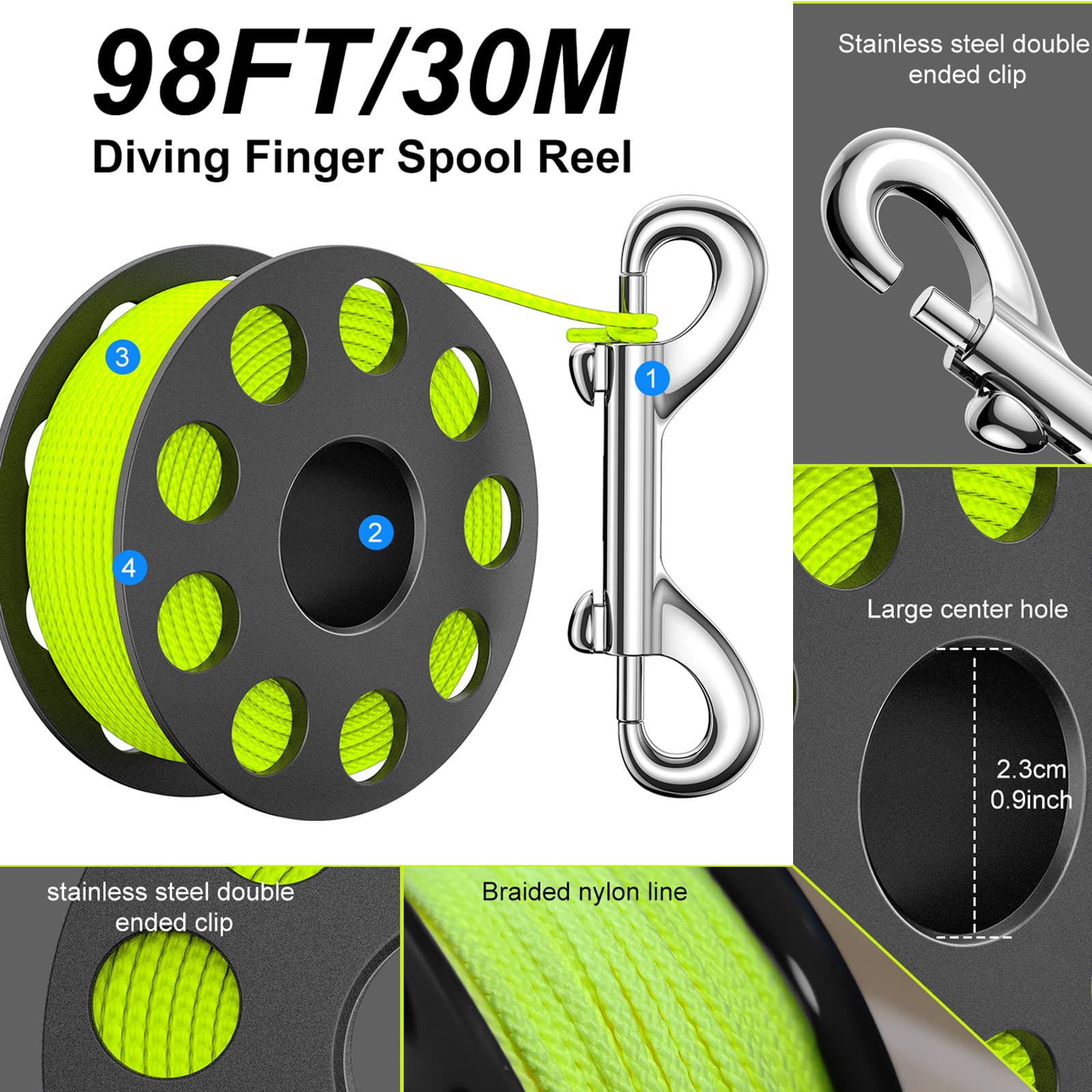 Diving Reel with Stainless Steel Double-Ended Hook, Buoy Coil 30m Nylon Rope, Plastic Line, Camera Accessories