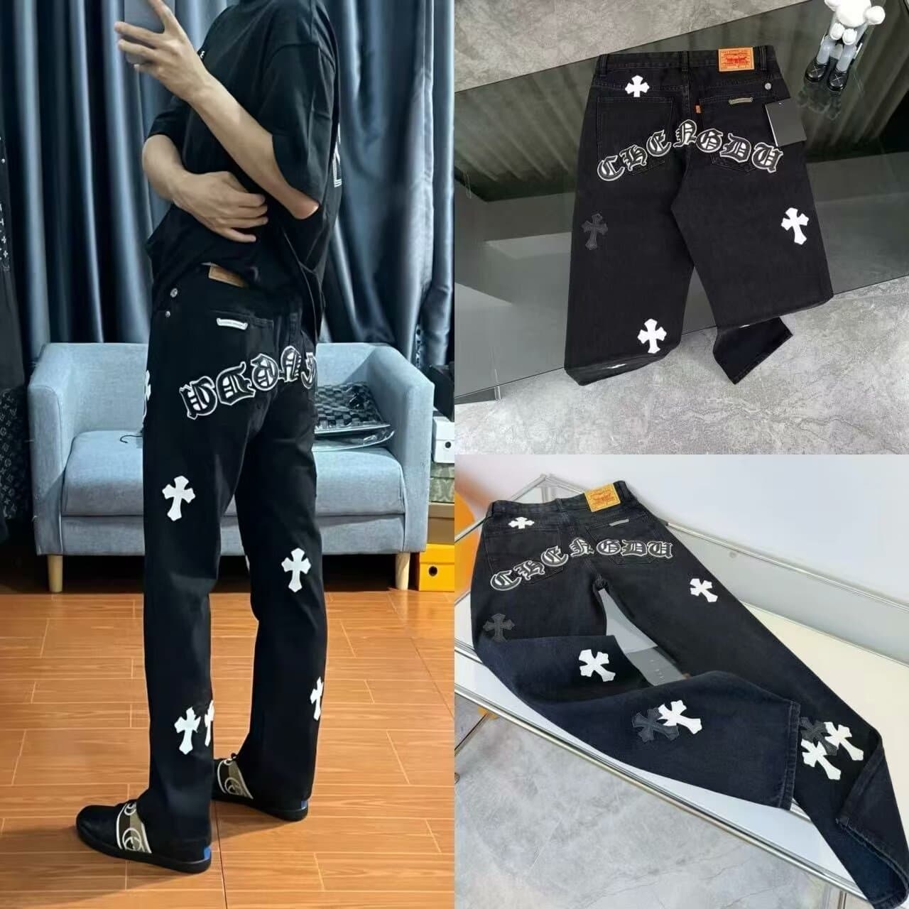 High Street American Style Ch Cro Pants Loose Trendy Brand Washed Long Pants Cross Pattern Straight Jeans Unisex Pants