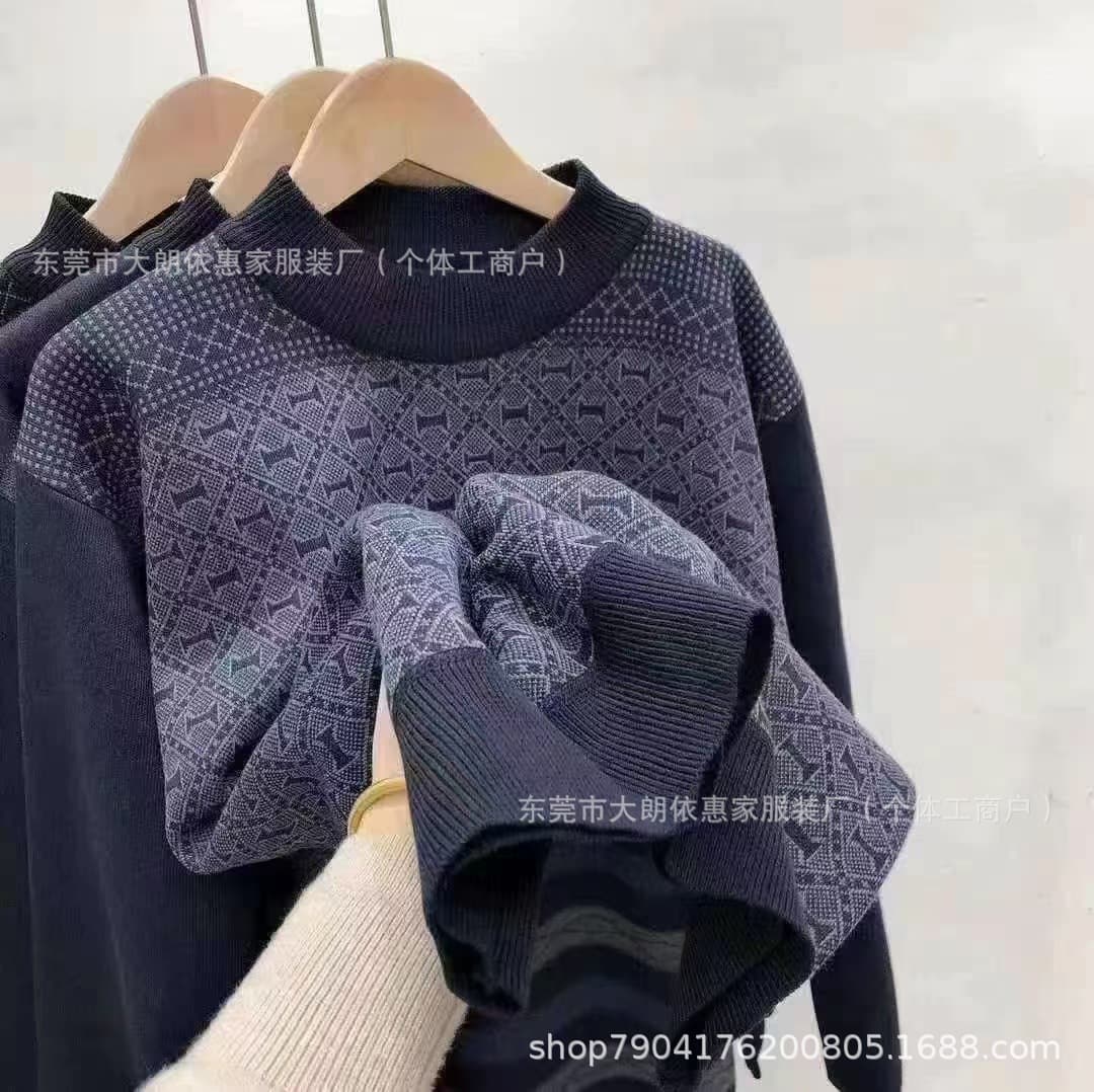 Autumn/Winter Style Men's Long-Sleeve Export T-Shirt, Winter Fleece-Lined Dad's Outfit, Loose Wool Sweater for Middle-Aged and Elderly Men, Street Stall