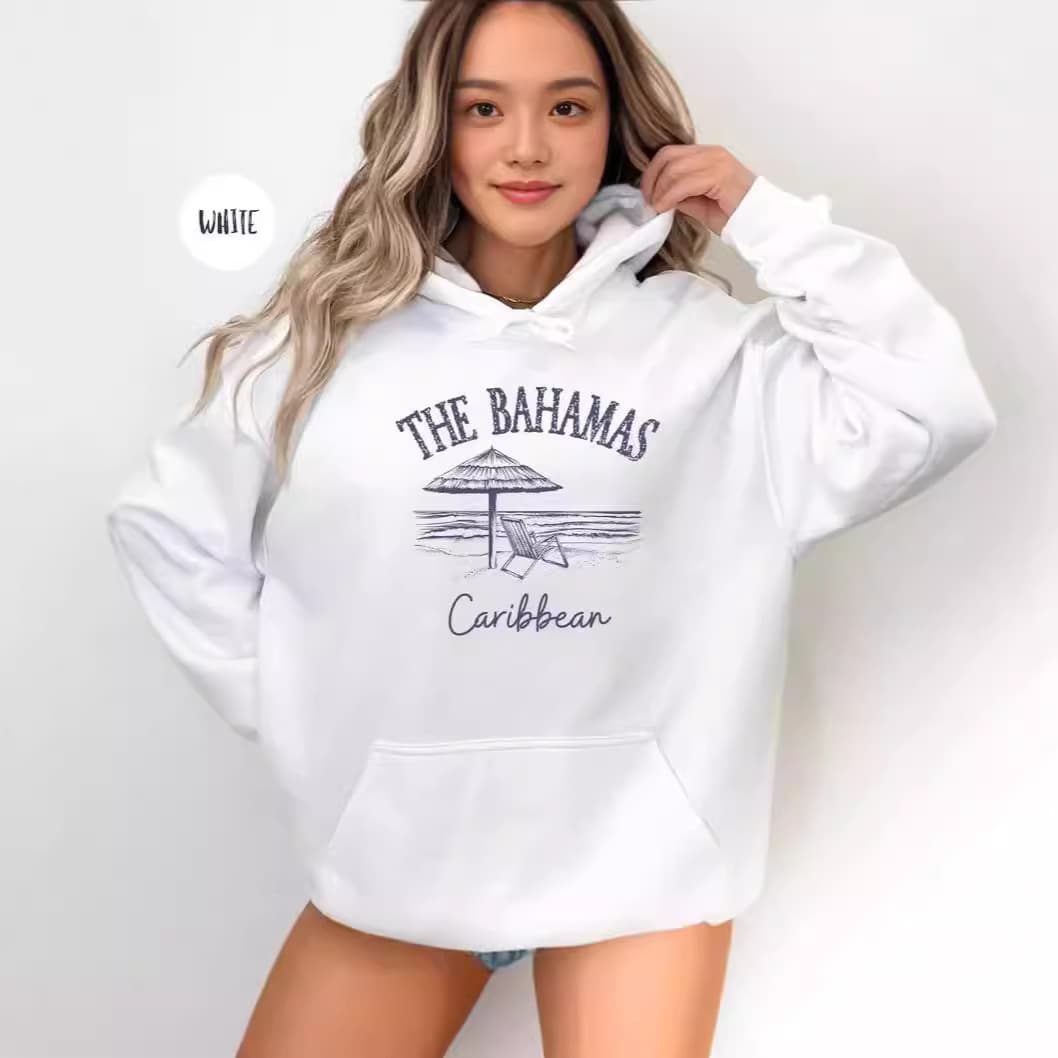 Women's Drop Shoulder Ribbed Bahamas Grunge Style Hoodie Sweatshirt with Print and Embroidery