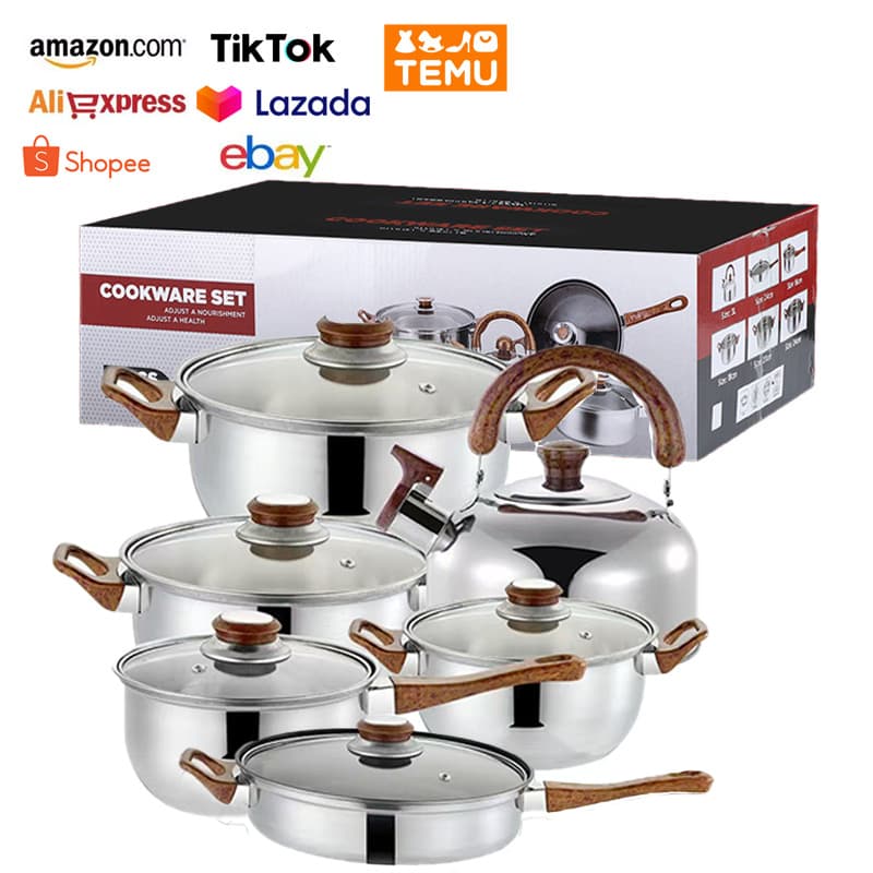 Cross Border Set Pot Stainless Steel Soup Pan Frying Pan Set Pot 12/18PCS Cookware Set Pot Metal Pot Set