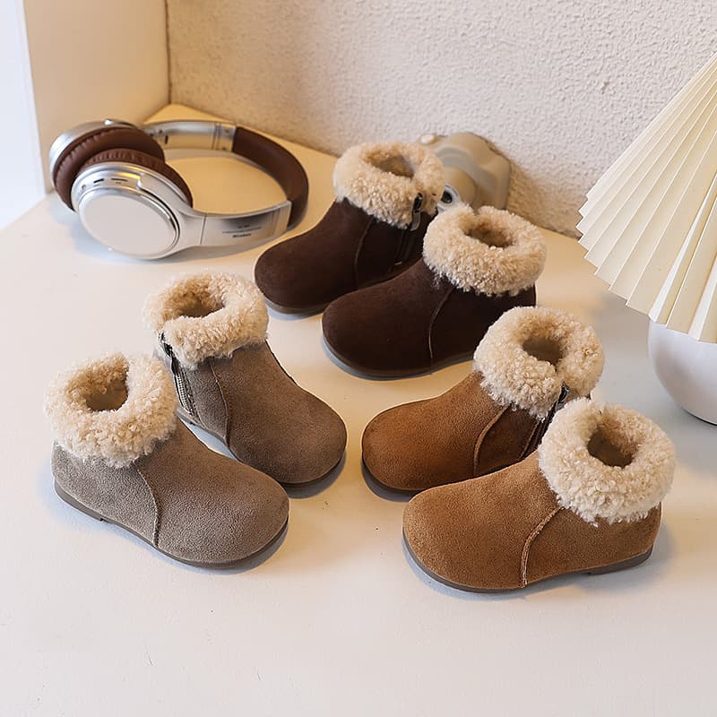 Girls' Lambswool Snow Boots 2025 New Style Children's Retro Furry Short Boots Fleece-Lined Flat Sole Winter Cotton Shoes