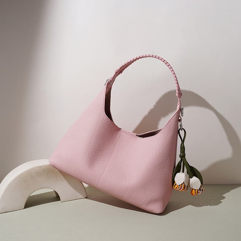 Floral Pendant Spring/Summer New Style Shoulder Bag Versatile Underarm Bag Women's Woven Pebble Grain Genuine Leather Handbag