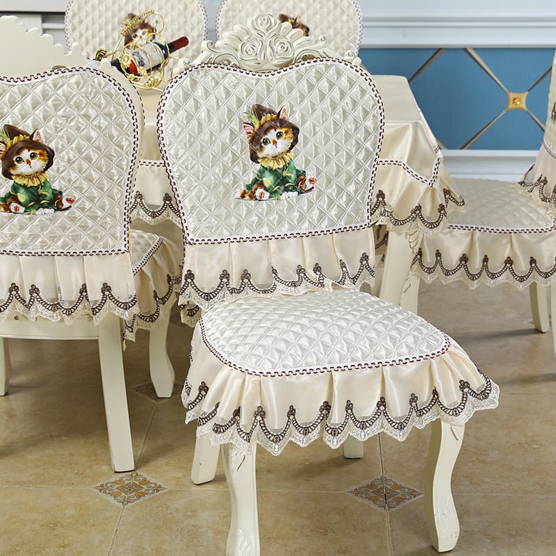 European Style Chair Seat Cushion and Backrest Cover with Lace Tablecloth, Fabric Dining Chair Pad Set, Stool Cover
