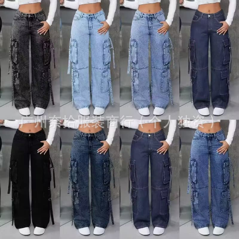 Cross-border jeans available cargo jeans women's multi-pocket work jeans wholesale