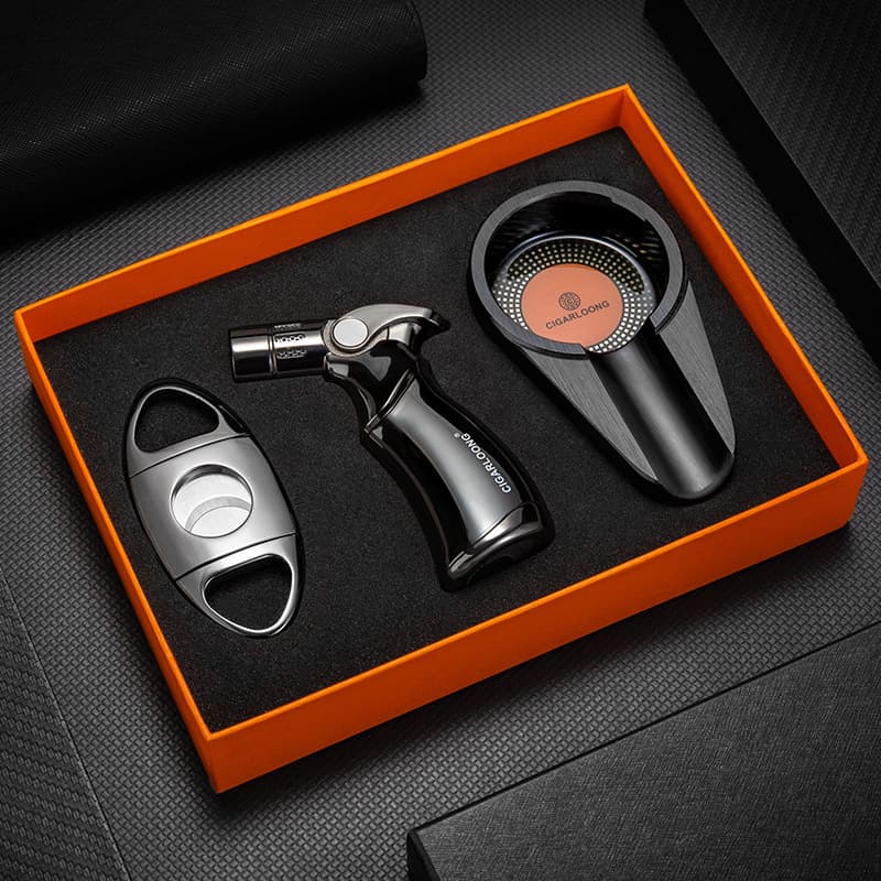 CIGARLOONG Cigar Cutter Lighter Set with Portable Ashtray, Fashionable 3-Piece Cigar Gift Box Set