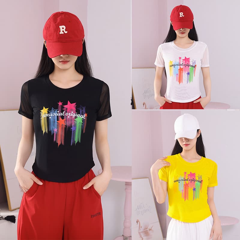 2025 summer new double-layer mesh fabric, seven-color printed square dance attire, new short-sleeve top.