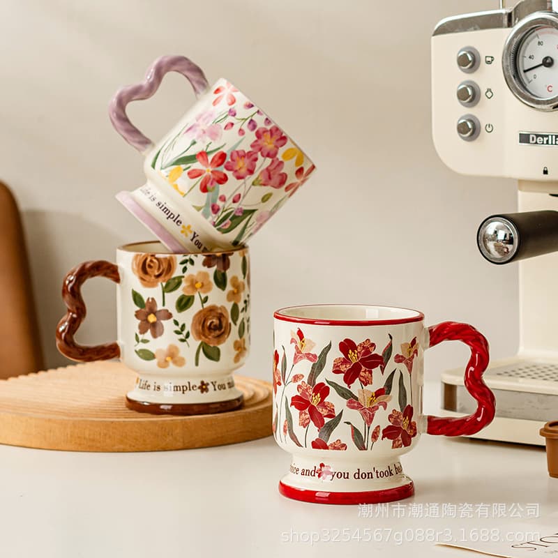 Trendy Floral Ceramic Cup Retro Flower Mug Coffee Cup High-Appearance Water Cup Couple Gift Souvenir Gift