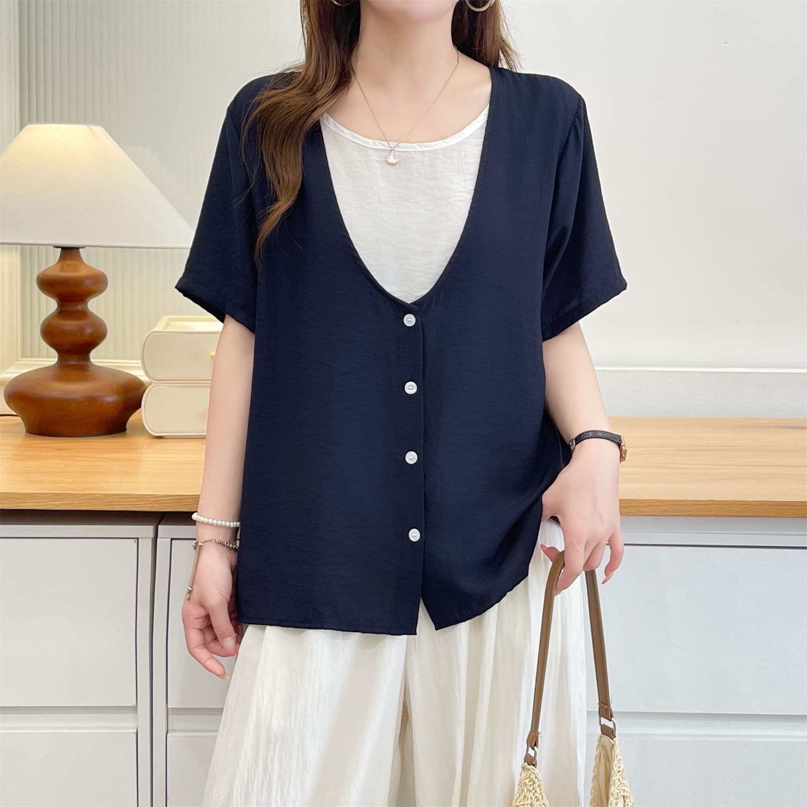 2026 Summer Two-Layer T-Shirt, Short Sleeve Plus Size Women's Contrast Color Casual Top, Slimming Blouse for Full-Figured Women, Style 825