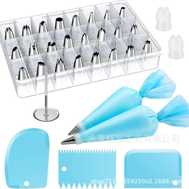 Cross-border 32-Piece Piping Tip Set with Box, Scraper 3-Piece Set, Piping Bags, Piping Scissors, Cake Decorating Tool Kit
