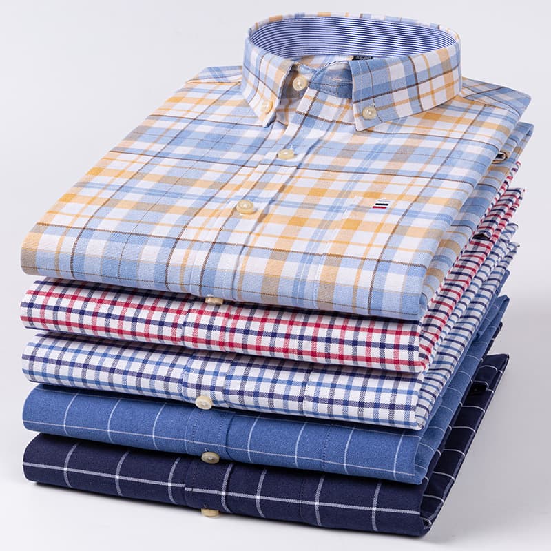 Washed Cotton Plaid Shirt for Men Business Casual Long Sleeve Oxford Oxford Cloth Top Wholesale