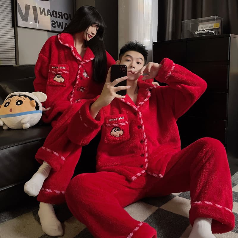 Autumn and Winter Bright Red Coral Fleece Couple Pajamas Women's Zodiac Year Homewear Set Thickened Fleece Warm