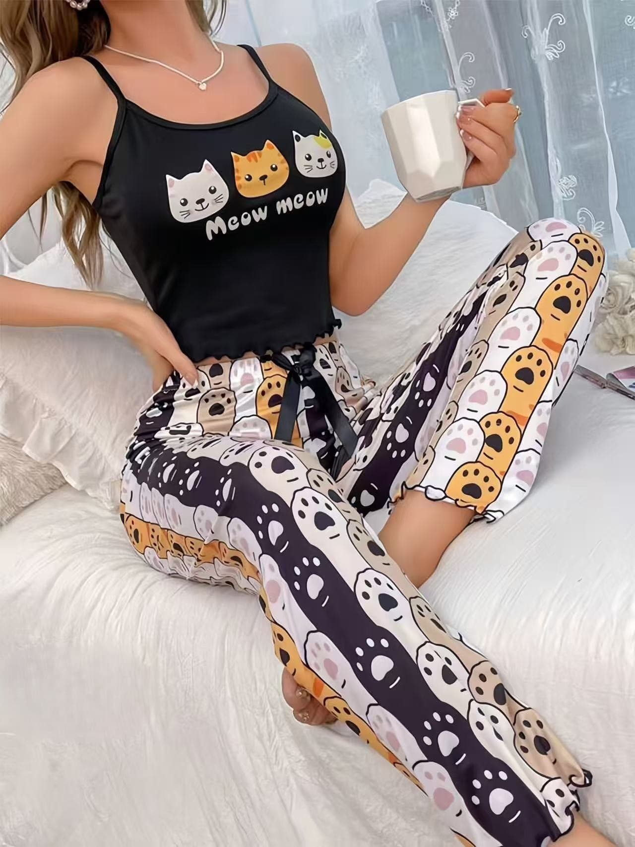 Cross-border Homewear Printed Camisole and Twisted Hem Pants Two-Piece Set Casual Loungewear Sexy Women's Pajamas Breathable