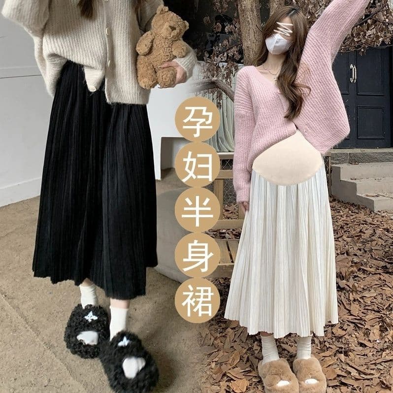 Maternity Midi Skirt for Fall/Winter, Fashionable Plus Size Pleated Skirt for Moms, Supportive Belly Panel, Slimming, Knee-Length