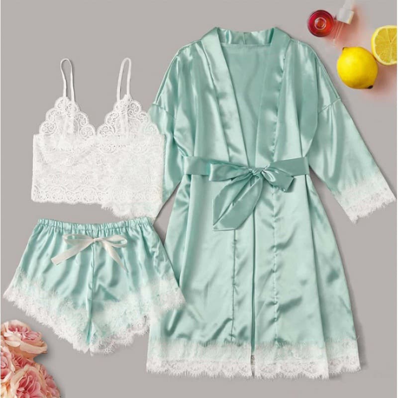 Women's Sexy Sleepwear Summer Loungewear Nightgown 3-Piece Satin Lace Camisole Set for Cross-Border US and Europe