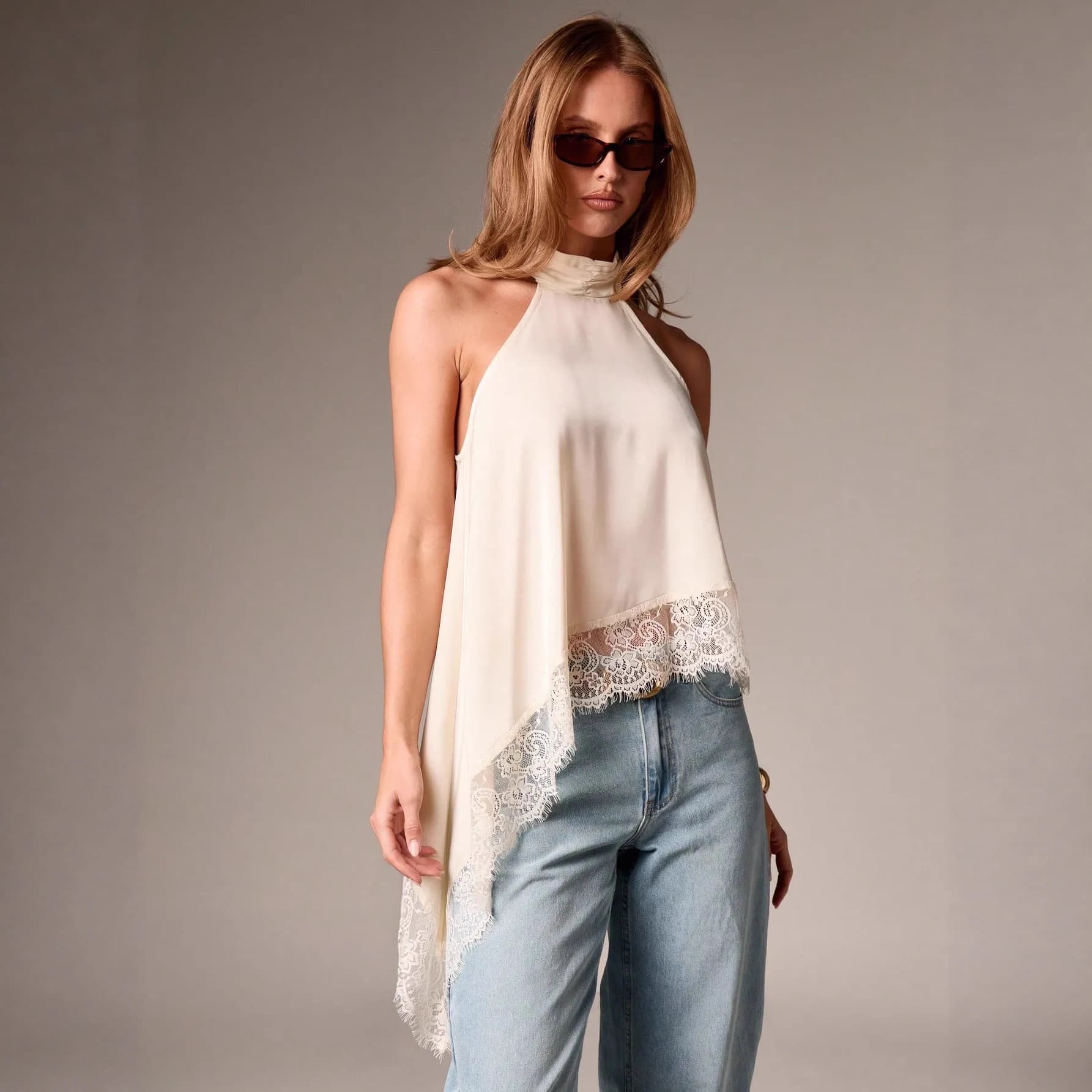 Amazon 2025 New Cross-border 15-Color Women's Sleeveless Lace Trim Patchwork Asymmetrical Halter Satin Vest