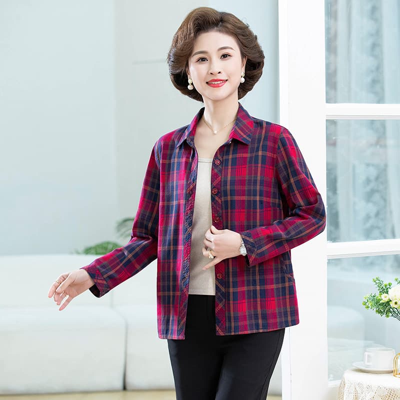 Cotton Middle-Aged and Elderly Women's Plaid Long-Sleeve Shirt, 2024 Spring New Arrival