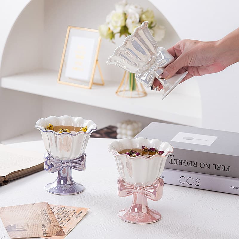 Bow-Tie Stemmed Ceramic Cup Ice Cream Cup Dessert Cup Elegant Cute Women's Exquisite Niche Design Couple