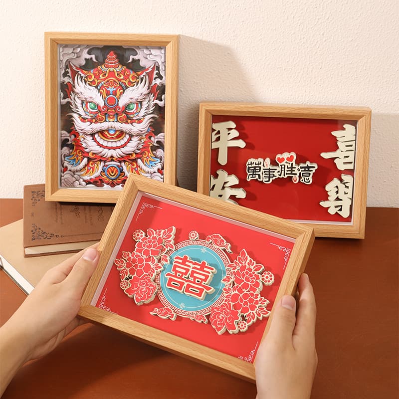 Happy Word Paper-Cut Photo Frame Solid Wood 8-Inch 3D Three-Dimensional Painting Happy Word DIY Wooden Chinese Style Living Room Bedroom Picture Frame Table