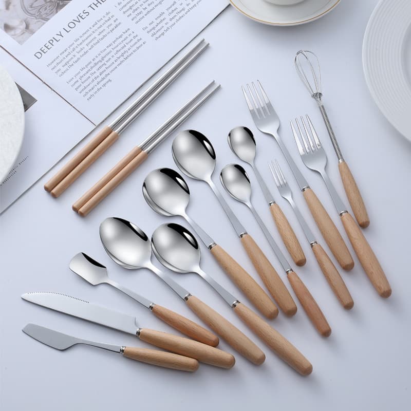 Creative Japanese-style beechwood handle tableware: stainless steel knives, forks, spoons, chopsticks, coffee stirring spoons, dessert spoons, whisks