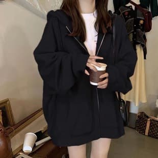 2025 Spring-Autumn New Black Hoodie Women Loose Lazy Style Fleece Chic Niche Top Korean Style Coat