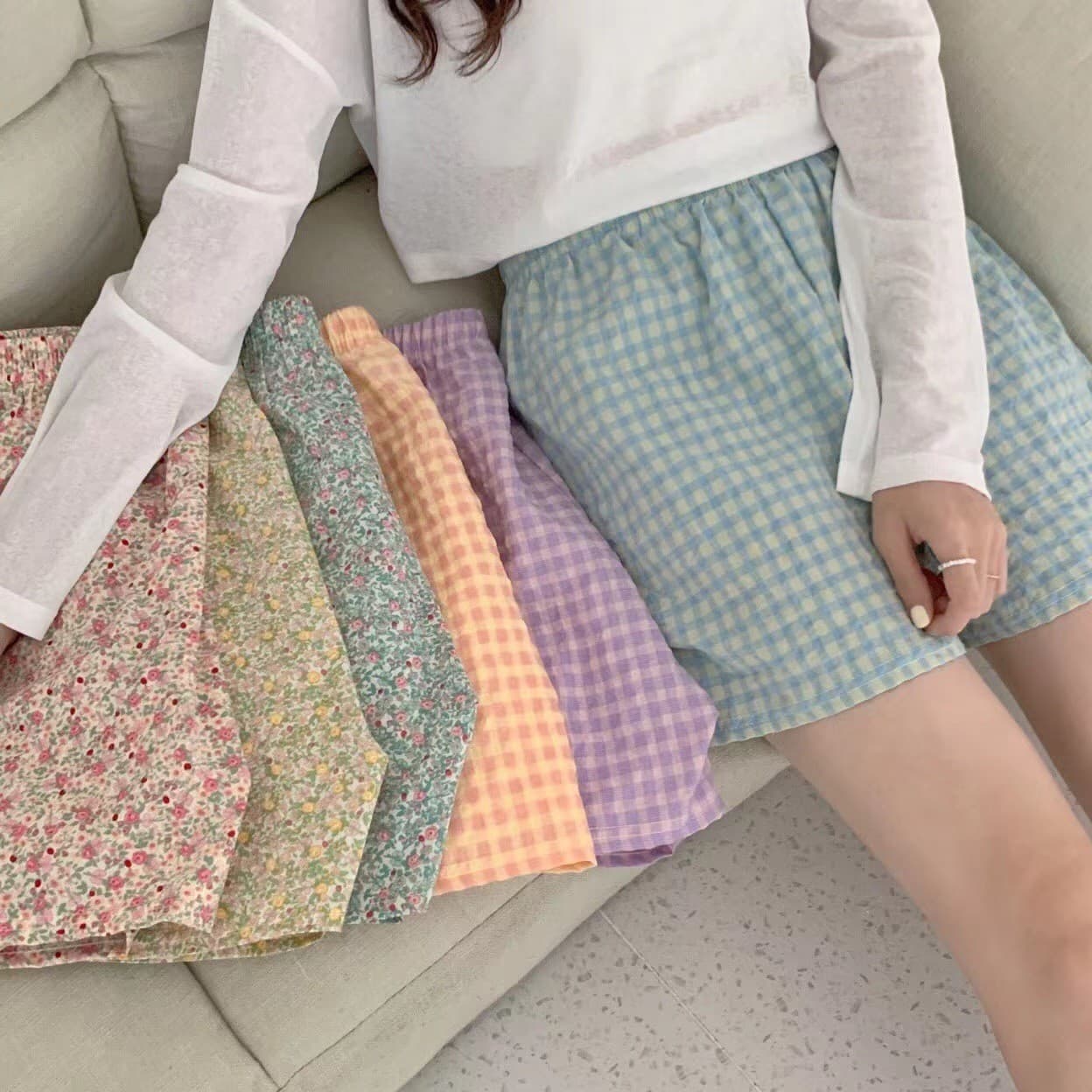Summer Home Plaid Floral Print Shorts Lightweight Fresh High Waist Slimming Wide Leg Loose Casual Sleep Shorts for Women