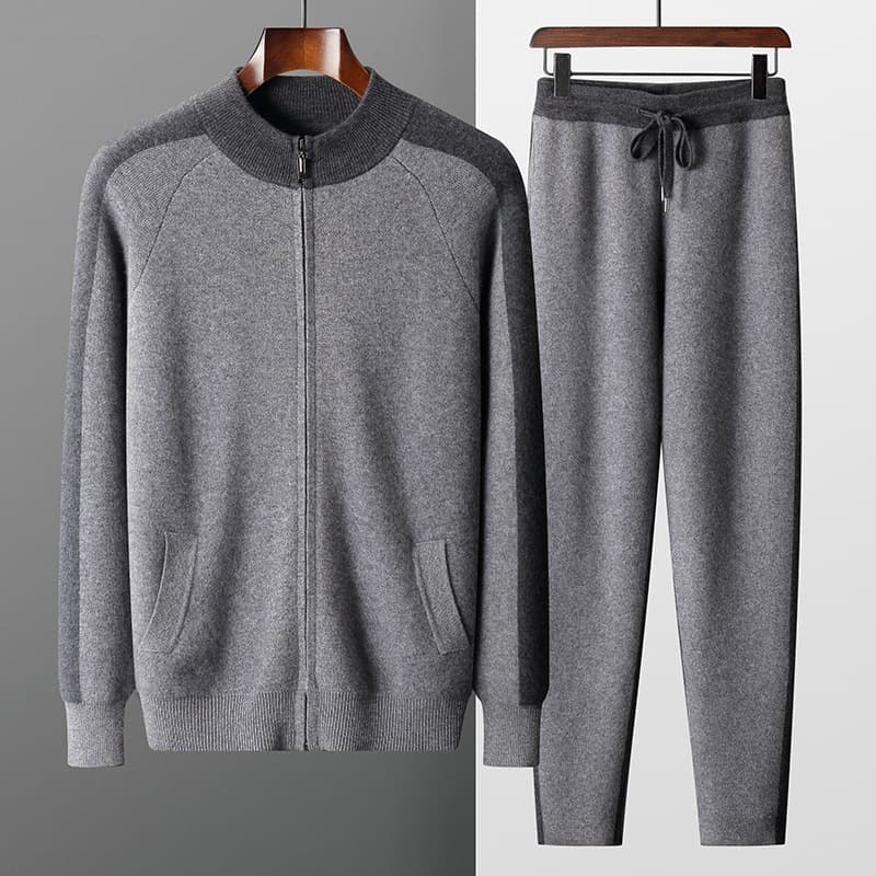 Double-layer thickened cashmere set, casual sporty men's zip-up knit jacket, loose cashmere knit pants