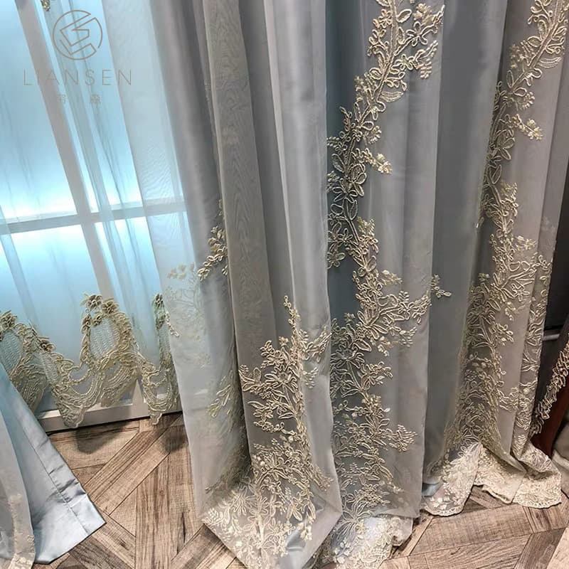 Sheer curtains with embroidered rope patterns, French fresh and simple style, minimalist design.