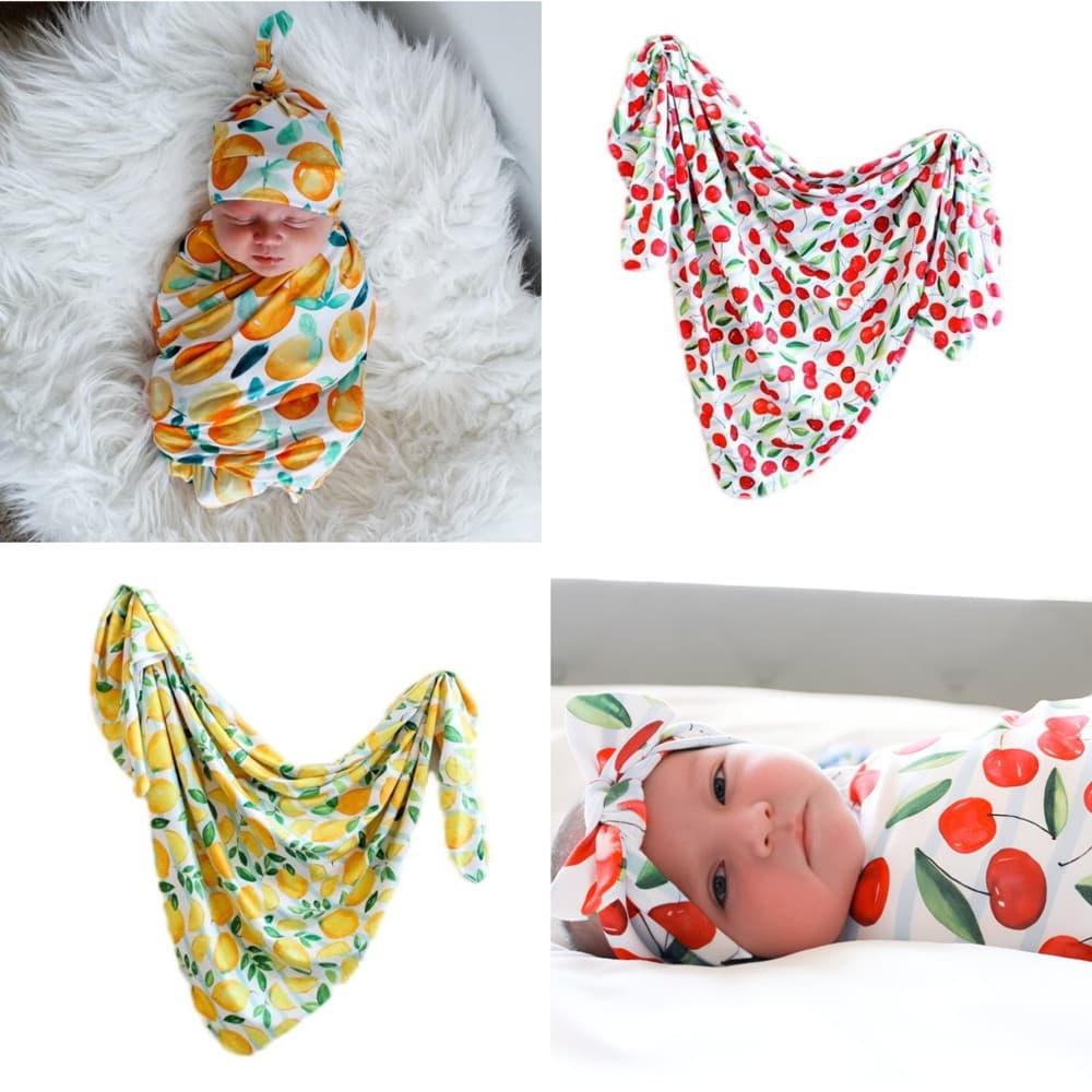 Baby Swaddle Blanket 3-Piece Set Ins Print Wrapping Blanket Newborn Cotton Headband Cap Set