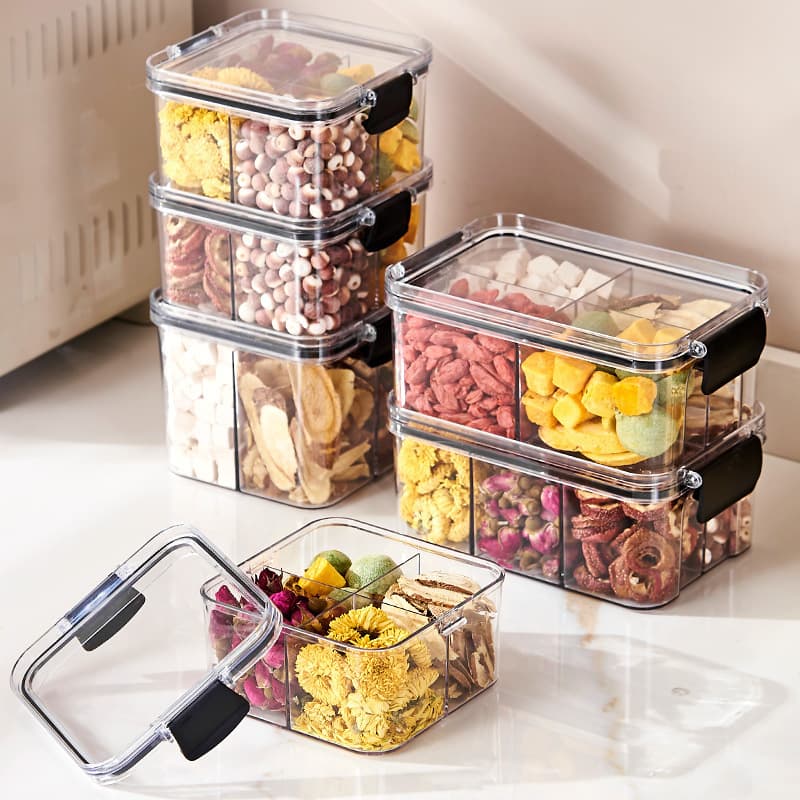Square Flower Tea Packaging Box, Tonic Product Plastic Four-Compartment Sealed Jar, Food-Grade Storage and Preservation Box