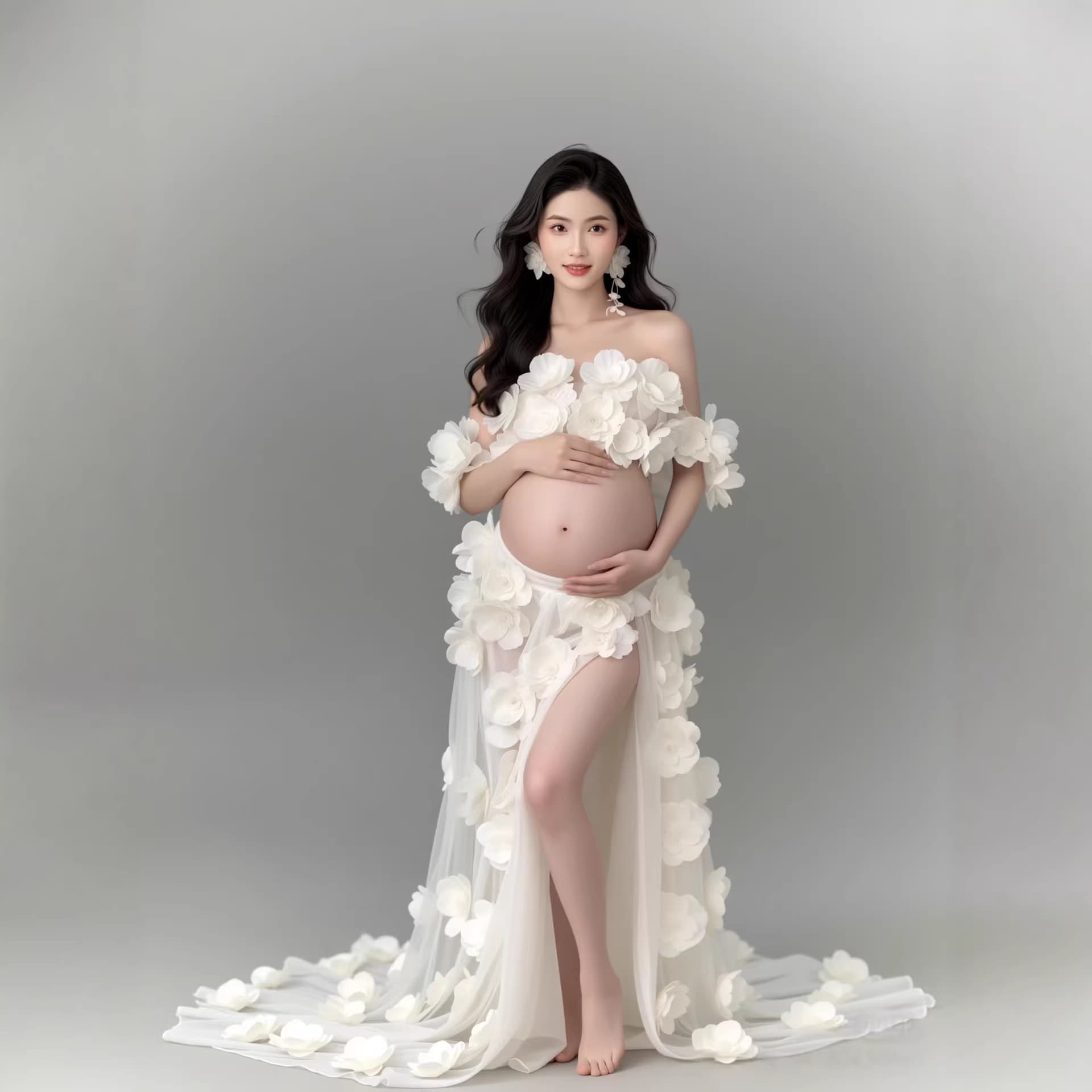 White petal tail dress for maternity photos, photo studio pregnancy belly photo, tube top gauze flowing long skirt photo outfit