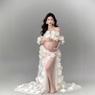 Maternity Photo White Petal Train Dress Studio Pregnancy Belly Photo Strapless Tulle Flowing Long Dress Portrait Dress