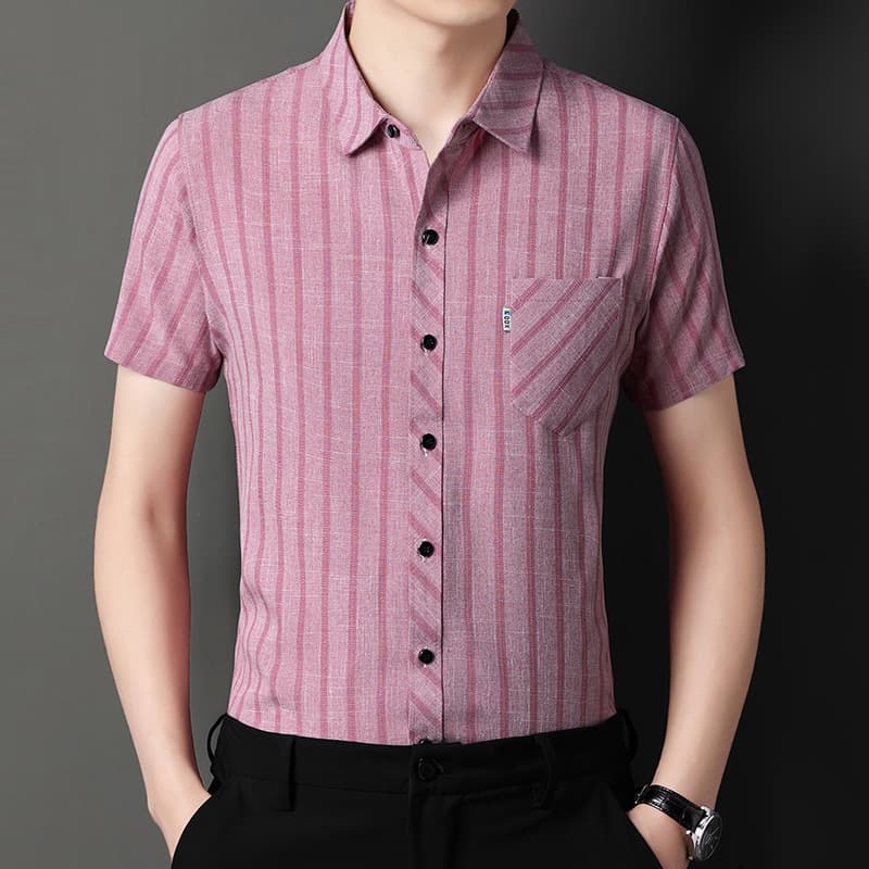 Men's Summer Striped Short-Sleeve Linen Cotton Shirt, In Stock, Young and Middle-Aged, Striped, Thin, Fitted, Real Pocket, Turn-Down Collar