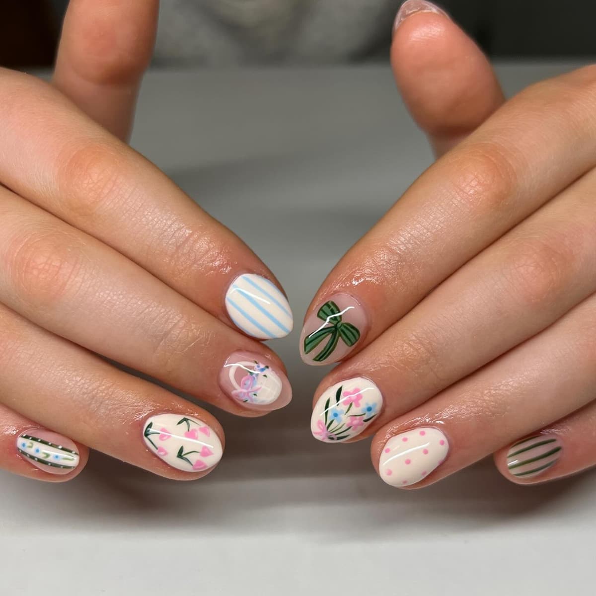 Foreign trade pink yellow milk blue small flower bow European and American style removable wearable nails 24 pieces press on nails
