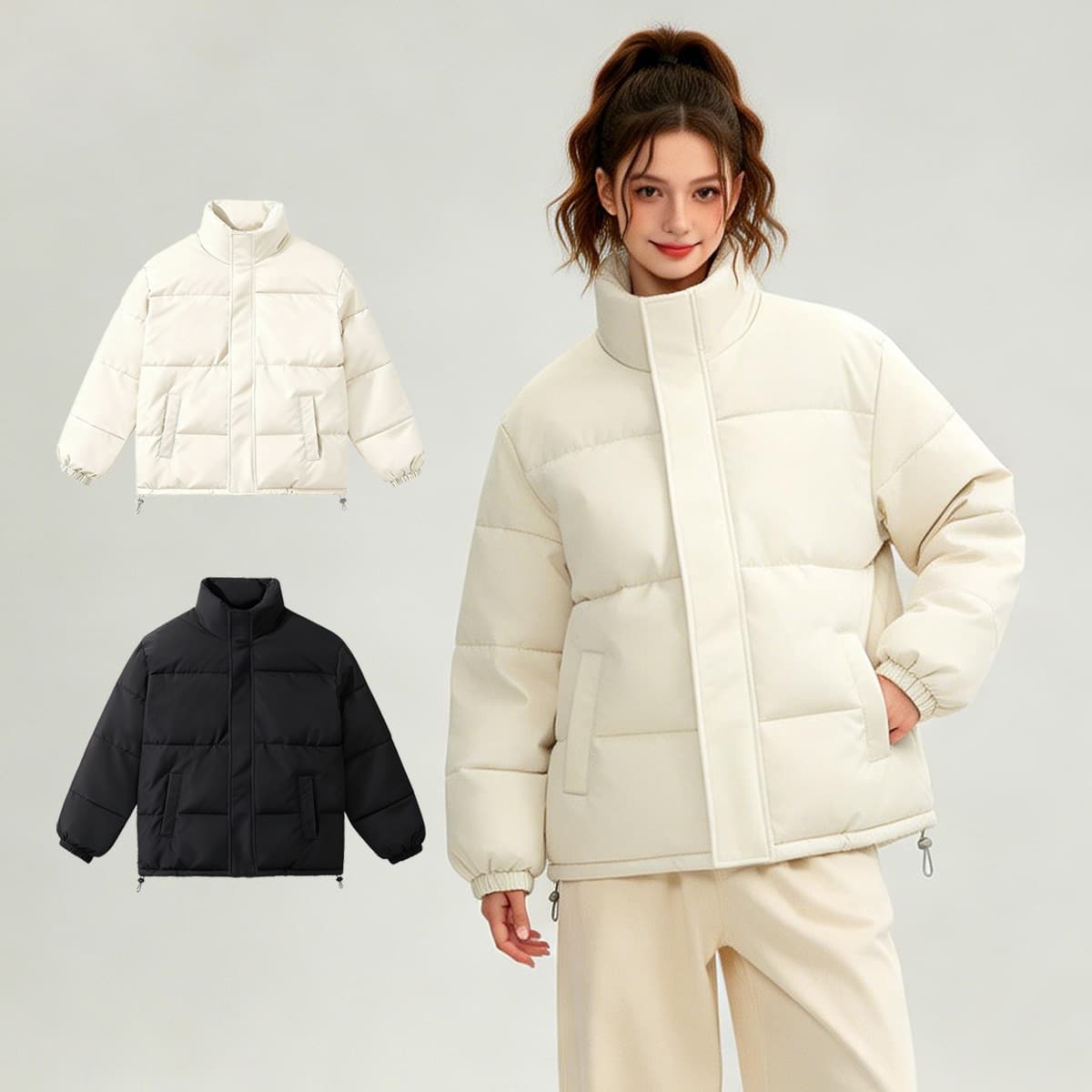 Cotton Coat Women Plus Thick Solid Color Front Placket Stand Collar Cotton Jacket Loose Fashion Korean Style Warm Windproof Winter Cotton Coat Outerwear